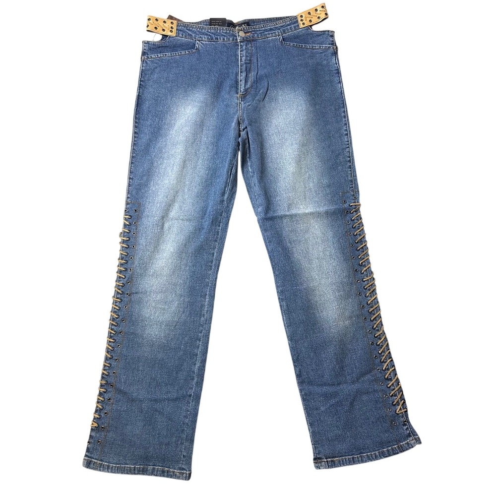VTG Arjun Jeans Womens 38x32 Blue Denim Lace Up Side Flare Leg NWOT